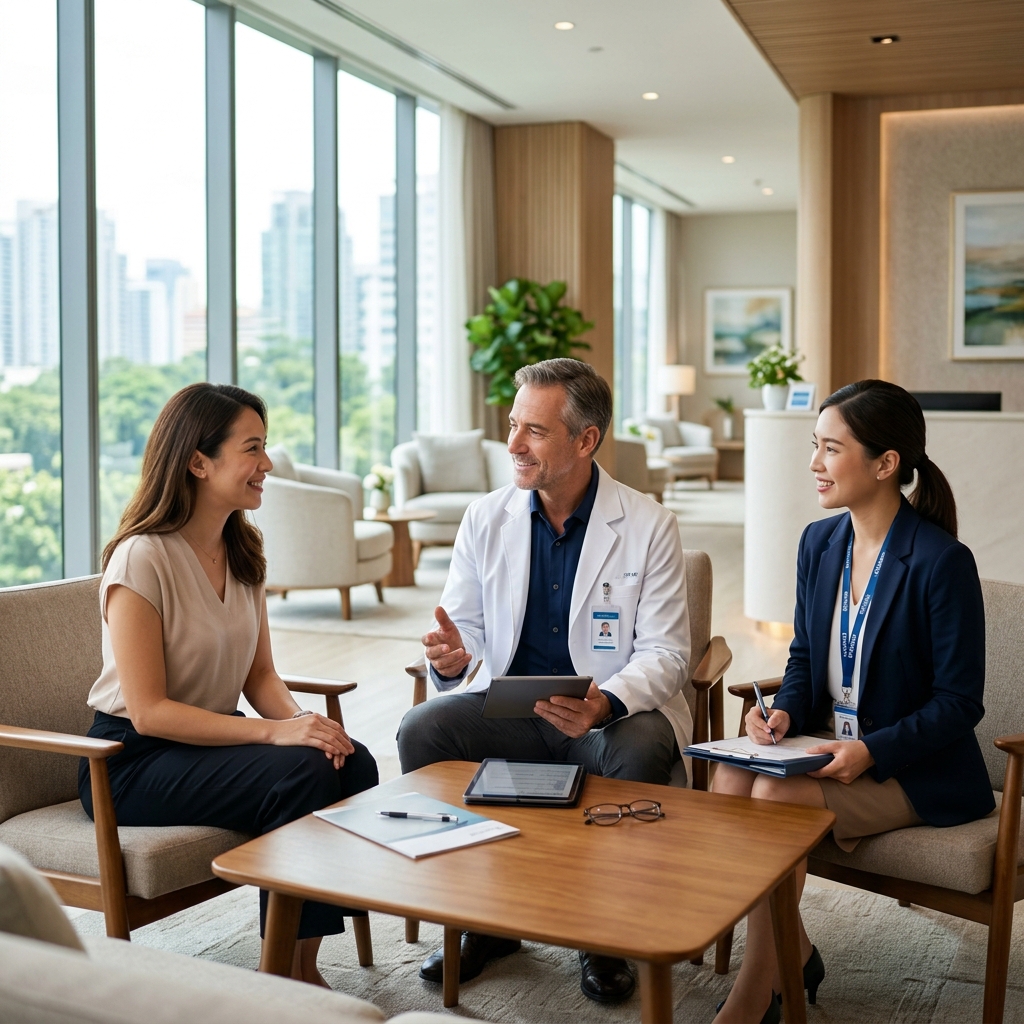 International doctor and medical coordinator consulting with a patient in a modern hospital lounge
